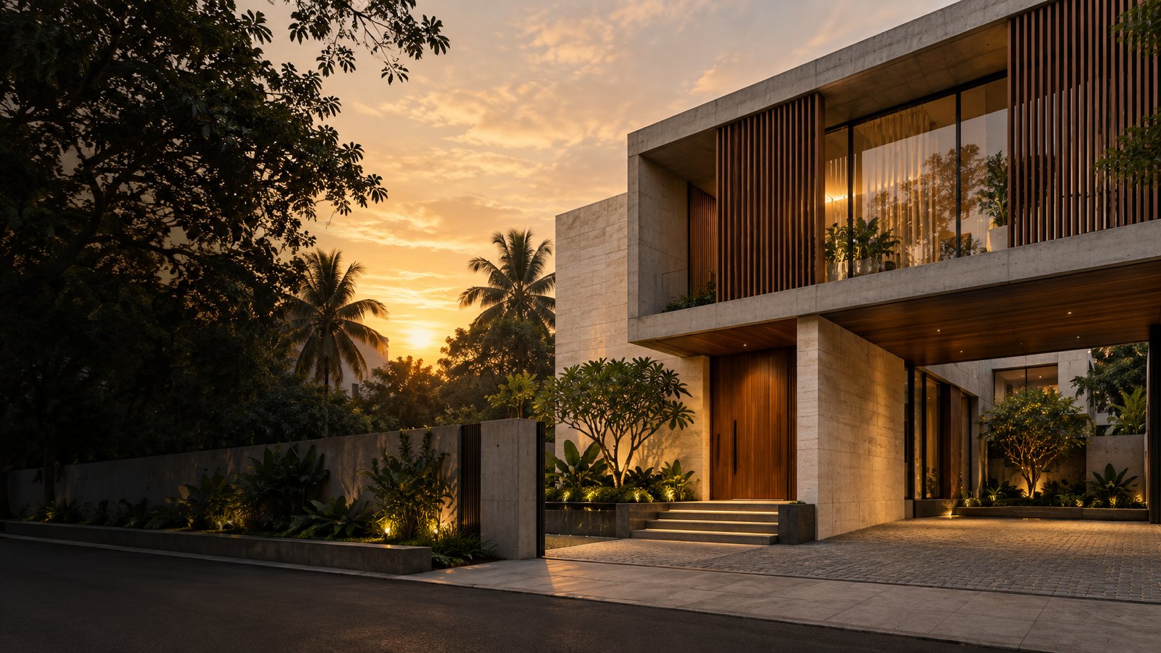 Contemporary Chennai residence in warm evening light
